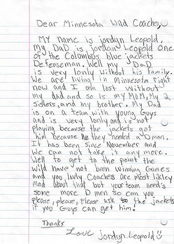 jordan and jordyn leopold minnesota wild letter